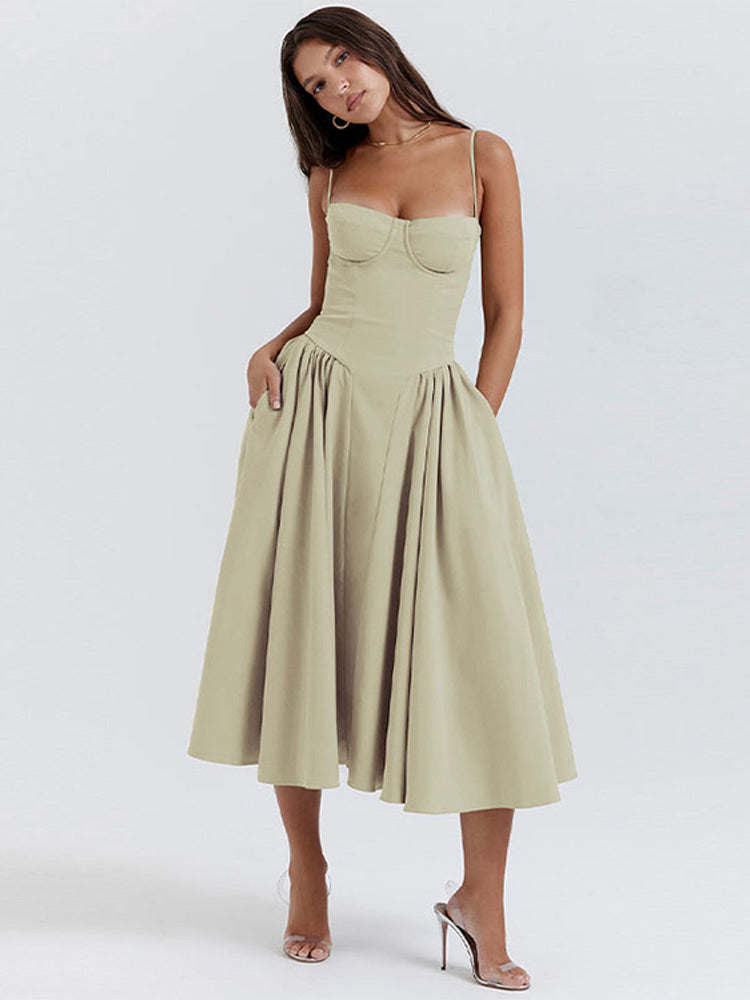 Delaney corset A line midi dress with sweetheart bodice, spaghetti straps and full gathered skirt - view 2