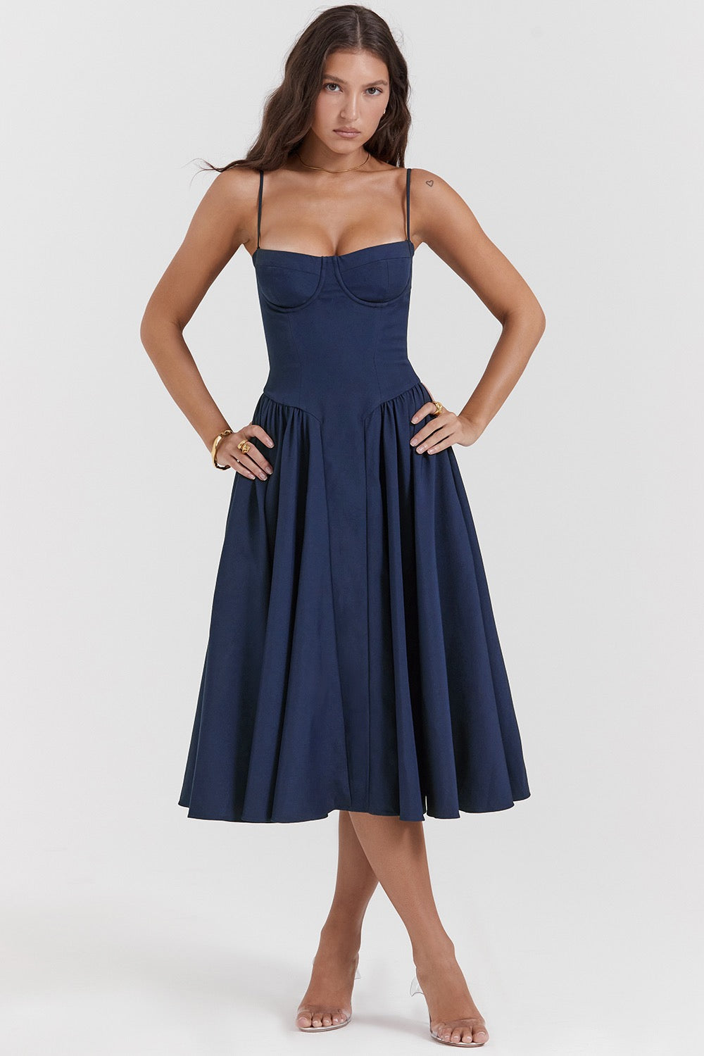 Delaney corset A line midi dress with sweetheart bodice, spaghetti straps and full gathered skirt - view 3