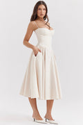 Delaney corset A line midi dress with sweetheart bodice, spaghetti straps and full gathered skirt - view 4