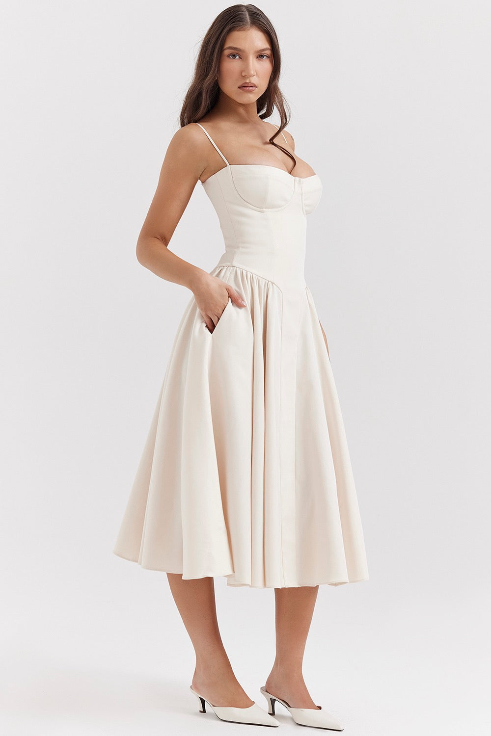 Delaney corset A line midi dress with sweetheart bodice, spaghetti straps and full gathered skirt - view 4
