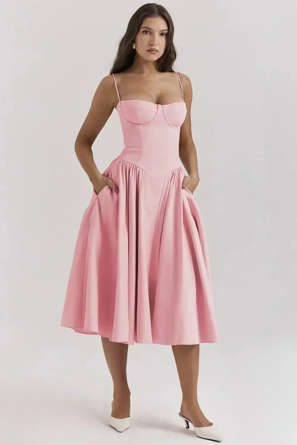 Delaney corset A line midi dress with sweetheart bodice, spaghetti straps and full gathered skirt - view 5