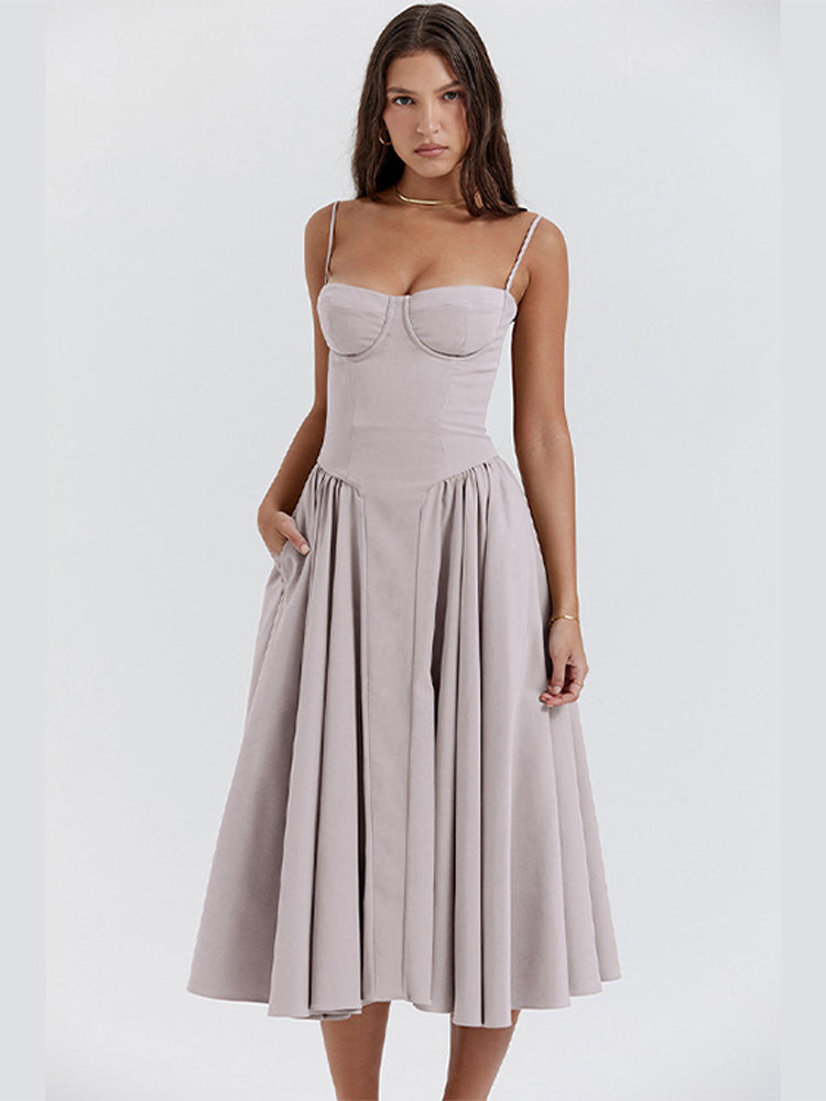 Delaney corset A line midi dress with sweetheart bodice, spaghetti straps and full gathered skirt - view 6
