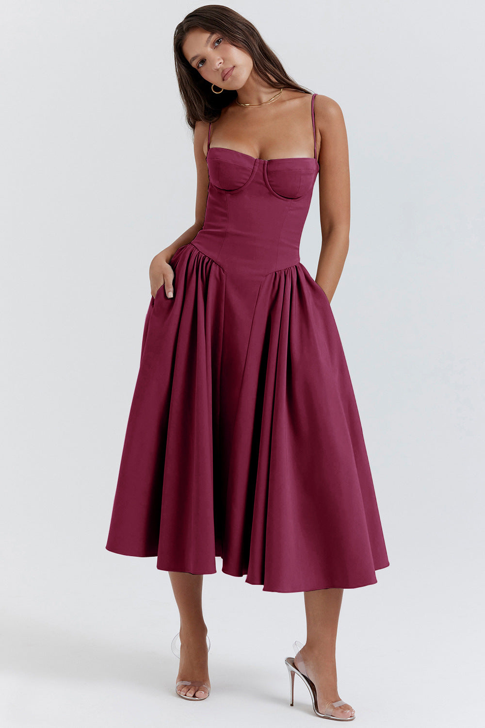 Delaney corset A line midi dress with sweetheart bodice, spaghetti straps and full gathered skirt - view 7