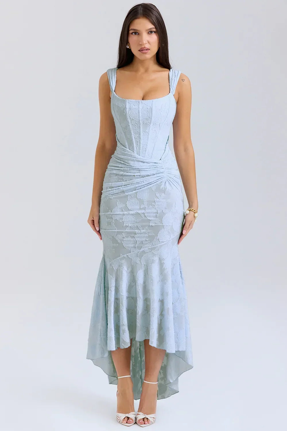 Soft blue floral corset mermaid formal dress with ruched waist and high-low hem