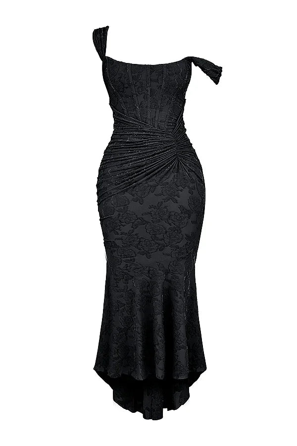 Soft blue floral corset mermaid formal dress with ruched waist and high-low hem - view 16