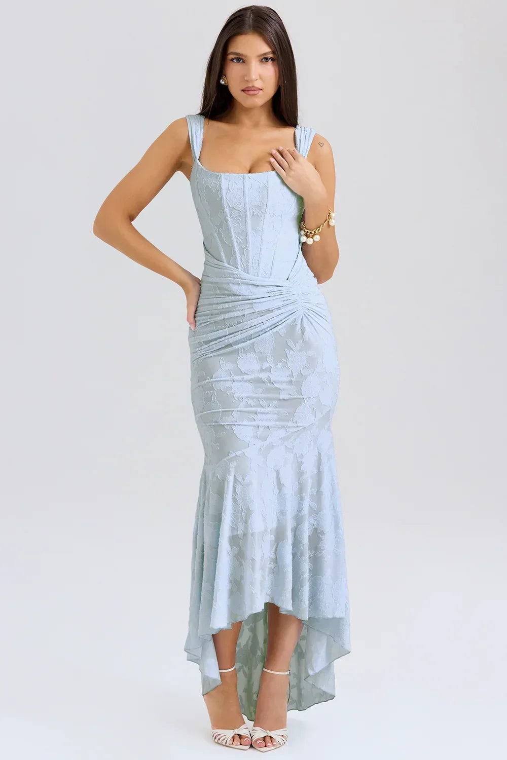 Soft blue floral corset mermaid formal dress with ruched waist and high-low hem - view 2