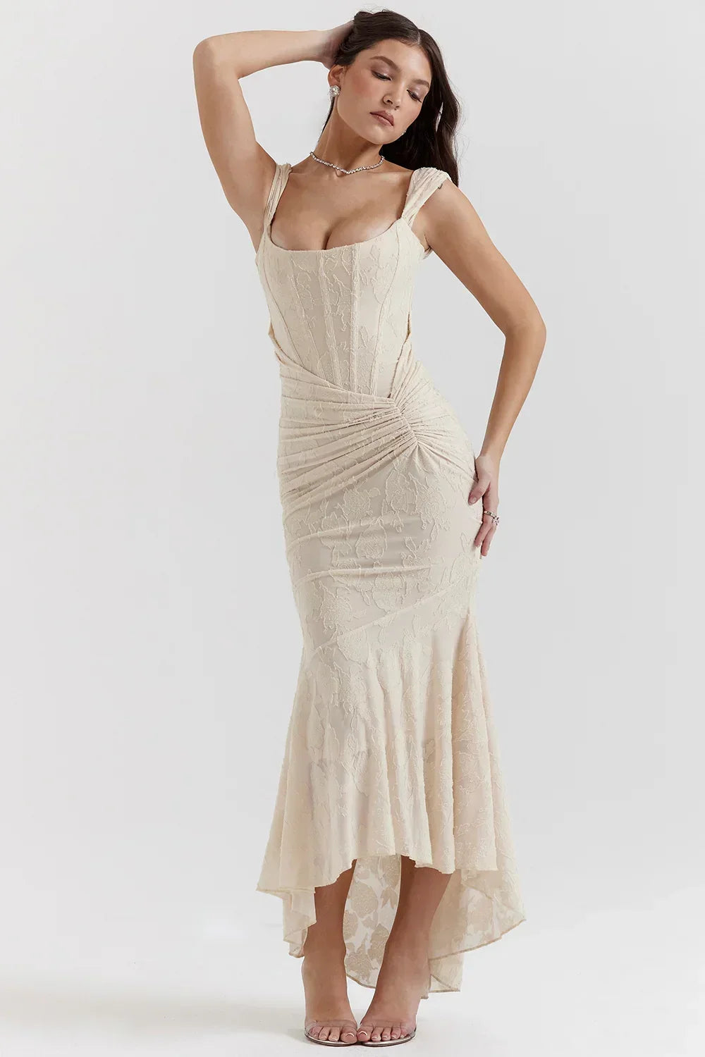 Soft blue floral corset mermaid formal dress with ruched waist and high-low hem - view 22