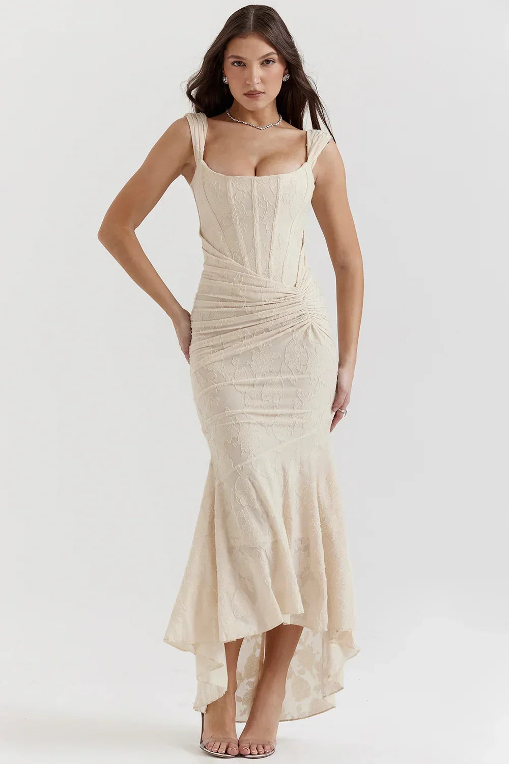 Soft blue floral corset mermaid formal dress with ruched waist and high-low hem - view 23