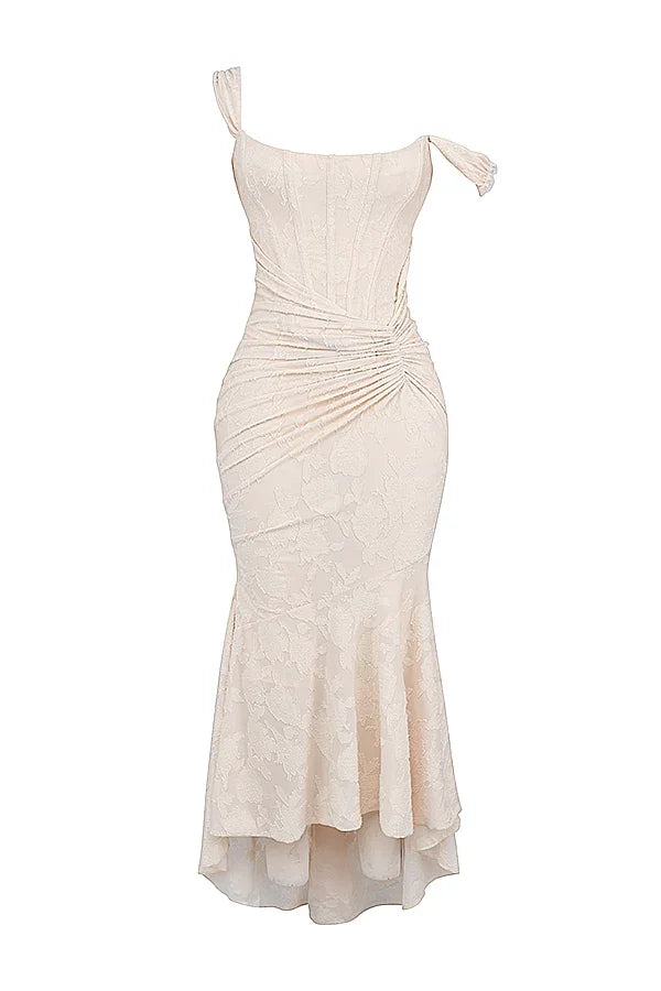 Soft blue floral corset mermaid formal dress with ruched waist and high-low hem - view 25