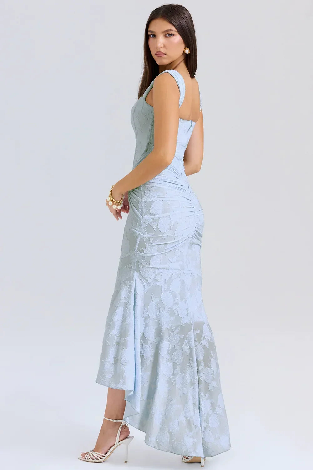 Soft blue floral corset mermaid formal dress with ruched waist and high-low hem - view 3