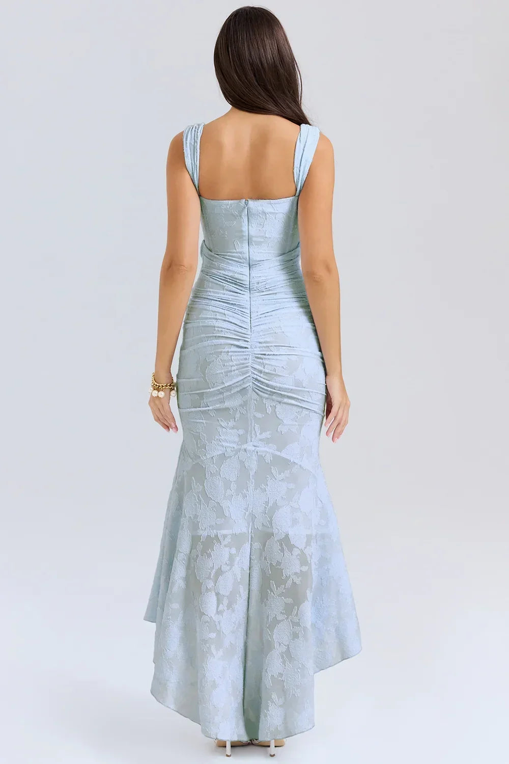 Soft blue floral corset mermaid formal dress with ruched waist and high-low hem - view 4
