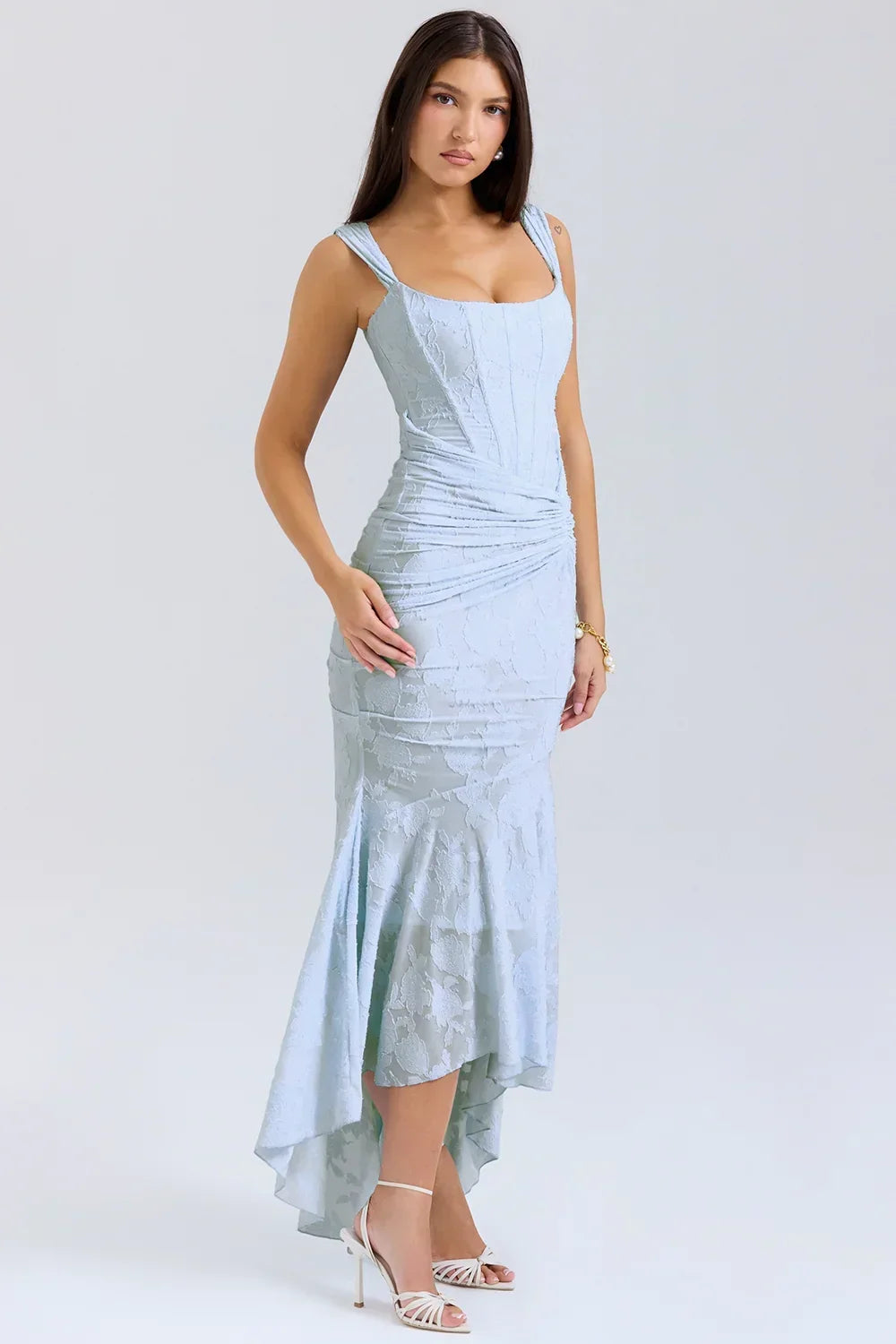 Soft blue floral corset mermaid formal dress with ruched waist and high-low hem - view 5
