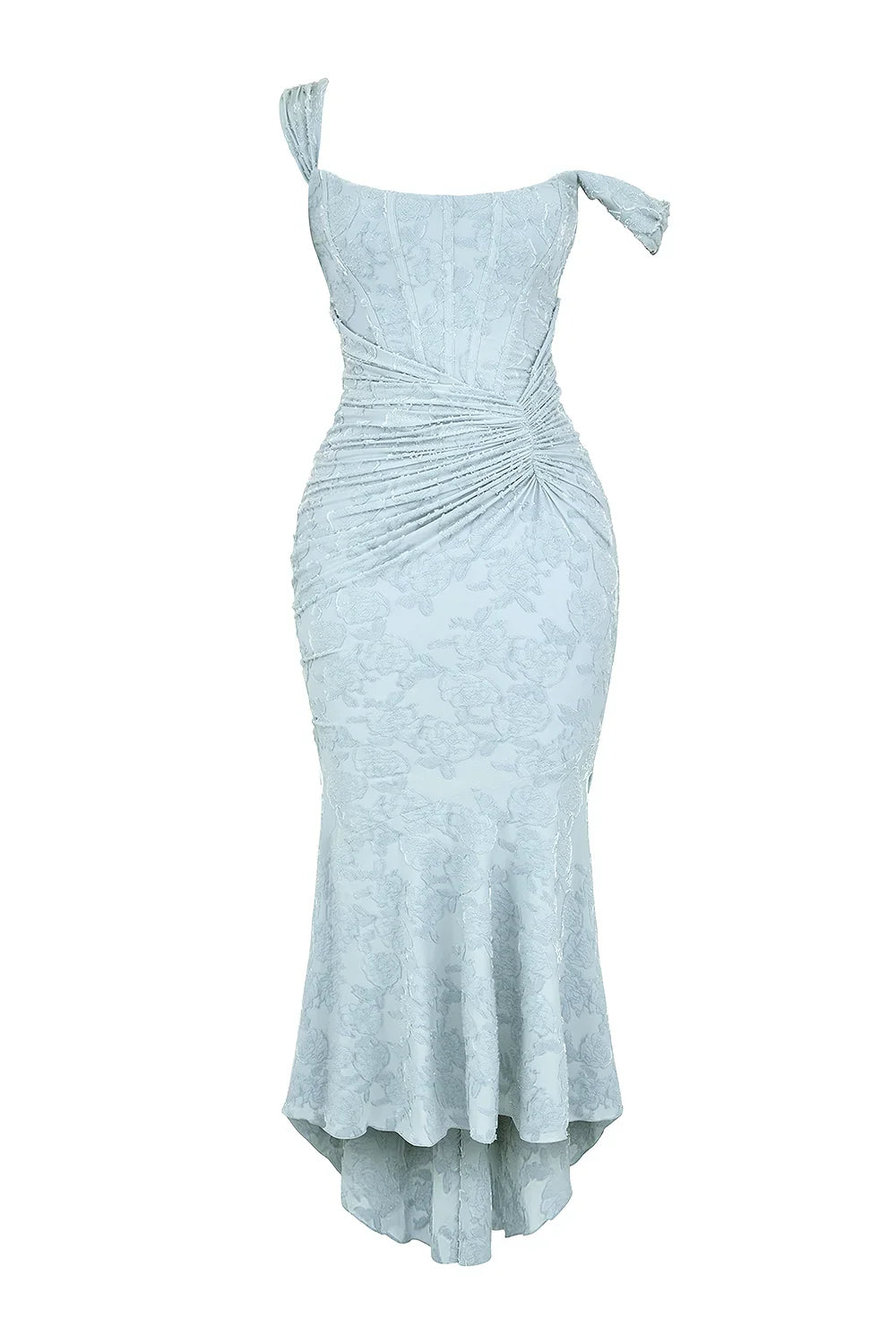 Soft blue floral corset mermaid formal dress with ruched waist and high-low hem - view 7