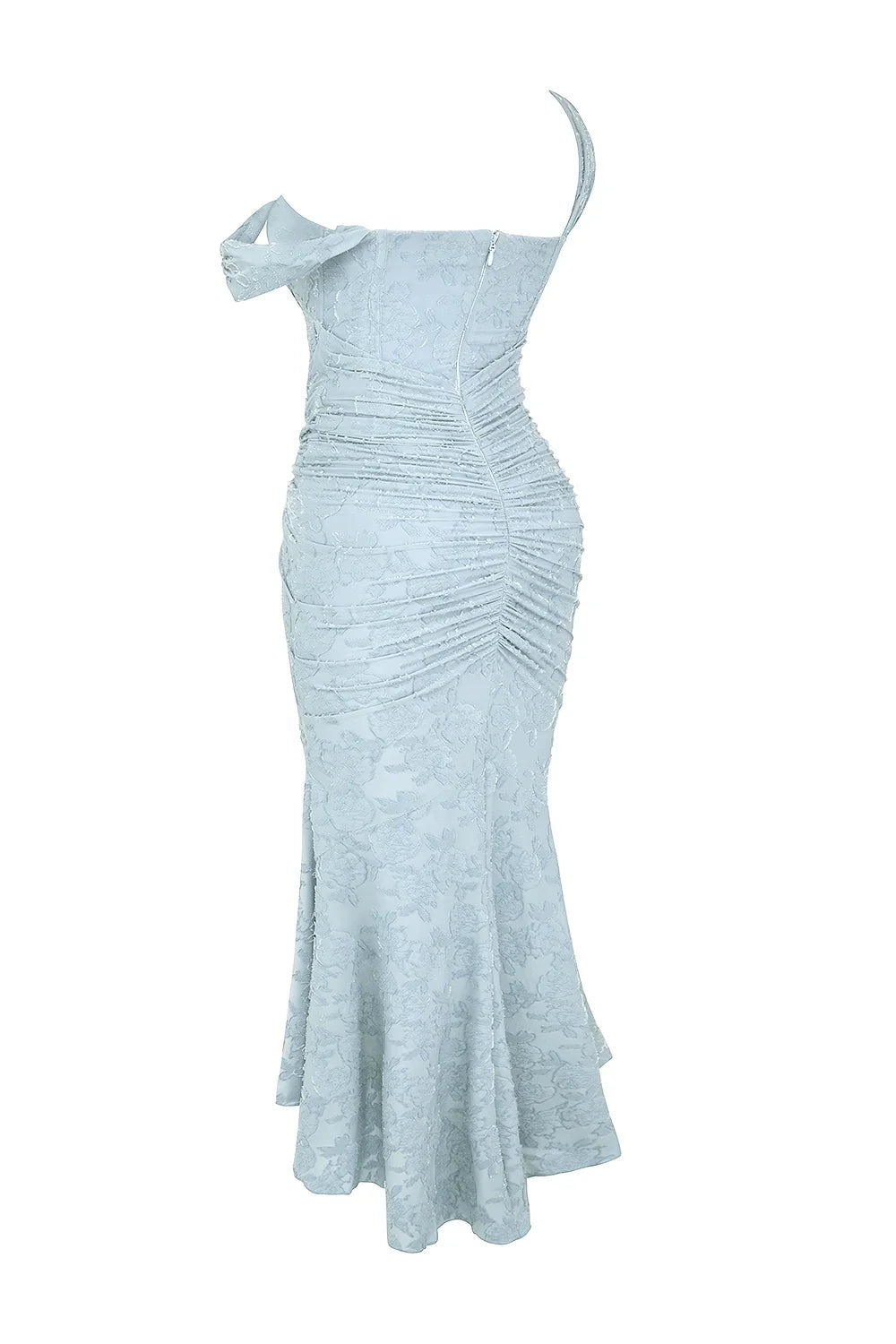 Soft blue floral corset mermaid formal dress with ruched waist and high-low hem - view 8