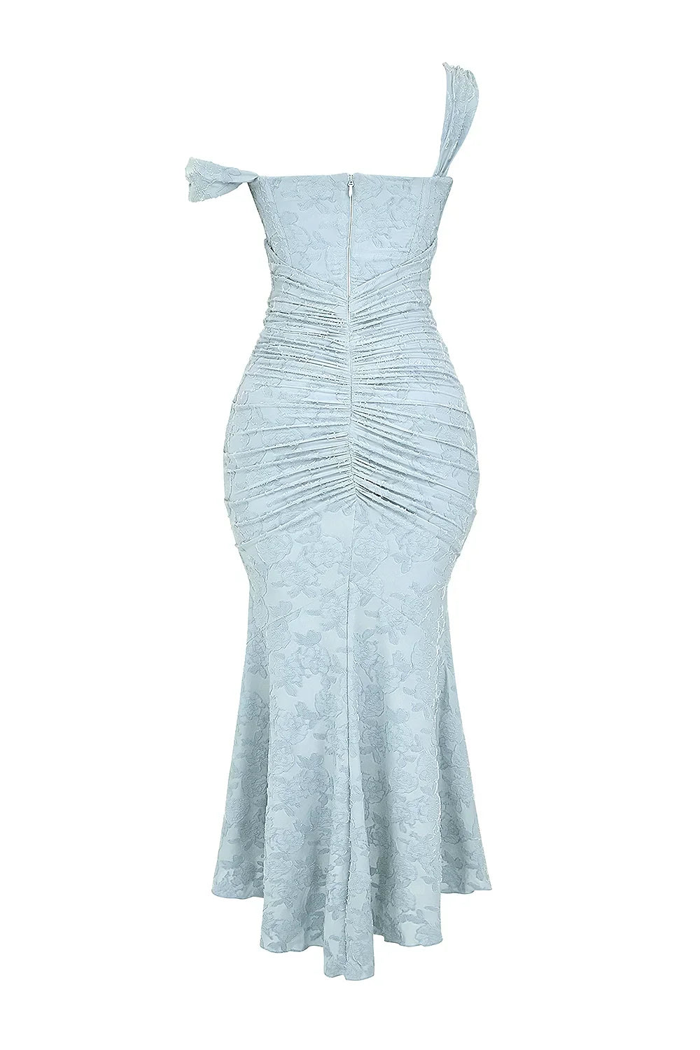 Soft blue floral corset mermaid formal dress with ruched waist and high-low hem - view 9