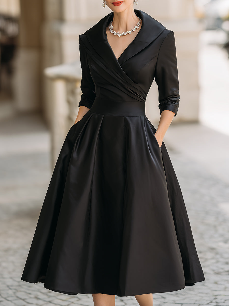Satin shawl collar cocktail midi dress with pleated wrap bodice and A-line skirt