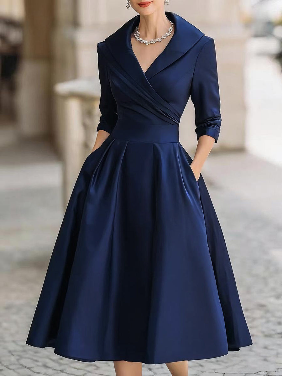 Satin shawl collar cocktail midi dress with pleated wrap bodice and A-line skirt - view 2