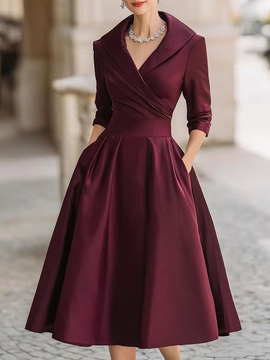 Satin shawl collar cocktail midi dress with pleated wrap bodice and A-line skirt - view 3