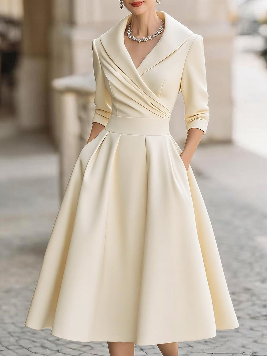 Satin shawl collar cocktail midi dress with pleated wrap bodice and A-line skirt - view 4