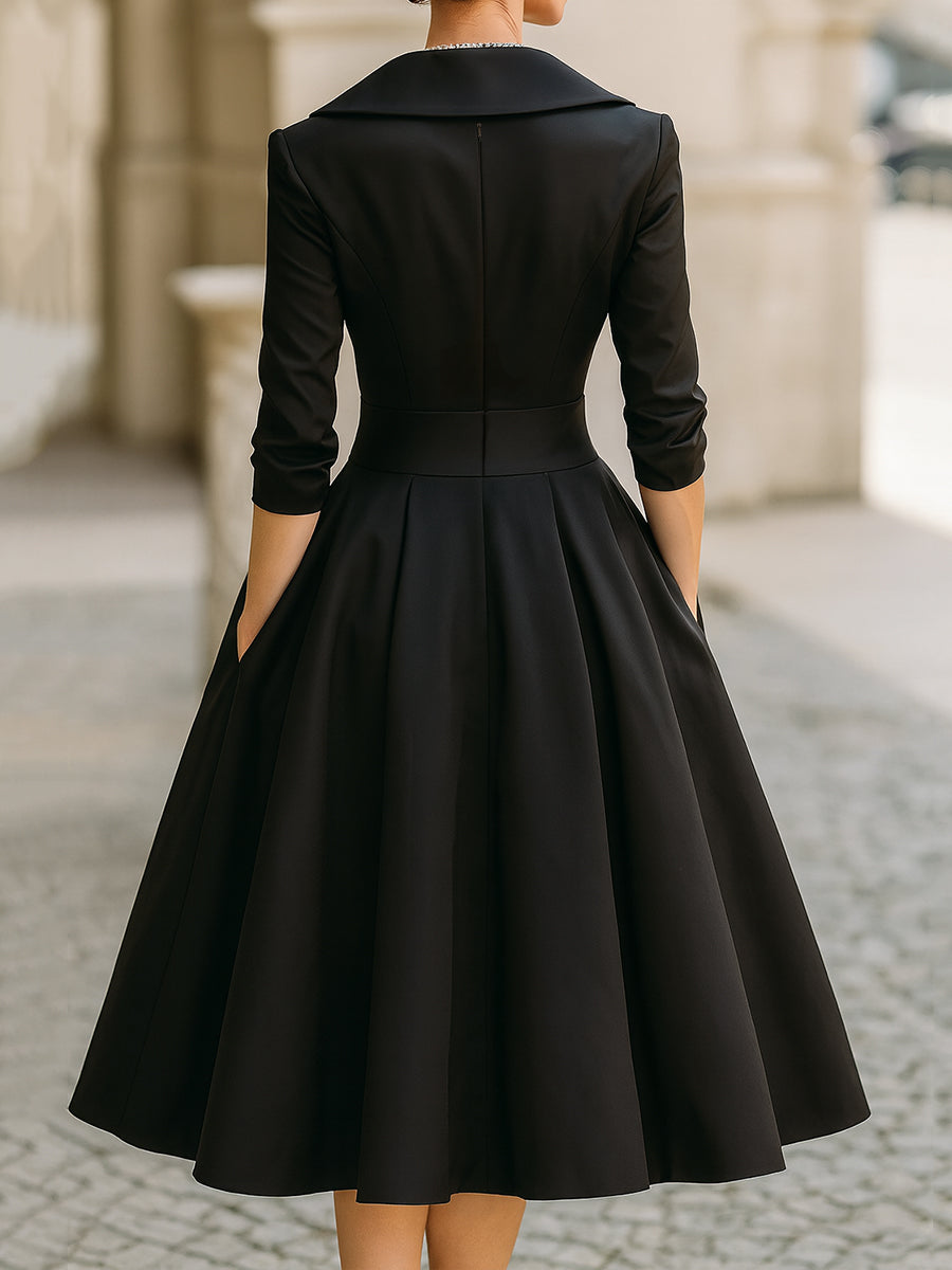 Satin shawl collar cocktail midi dress with pleated wrap bodice and A-line skirt - view 6