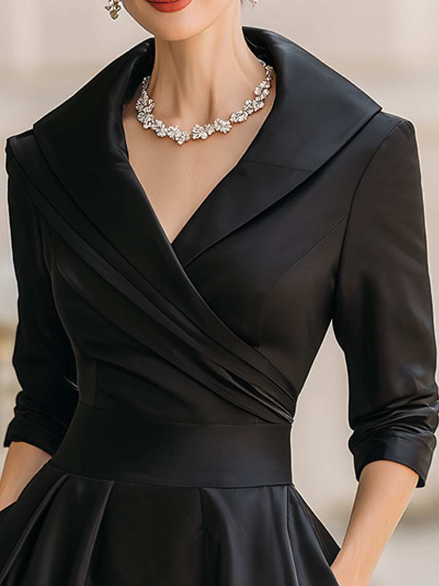 Satin shawl collar cocktail midi dress with pleated wrap bodice and A-line skirt - view 7