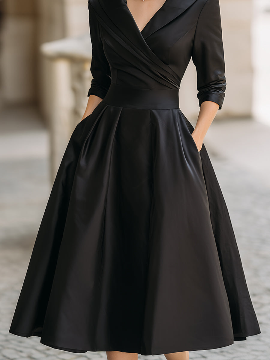 Satin shawl collar cocktail midi dress with pleated wrap bodice and A-line skirt - view 8