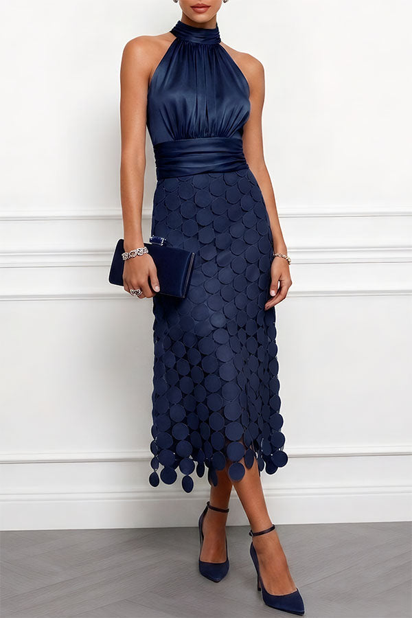 Amelie halterneck satin-finish midi dress with circle appliqué skirt — detail view