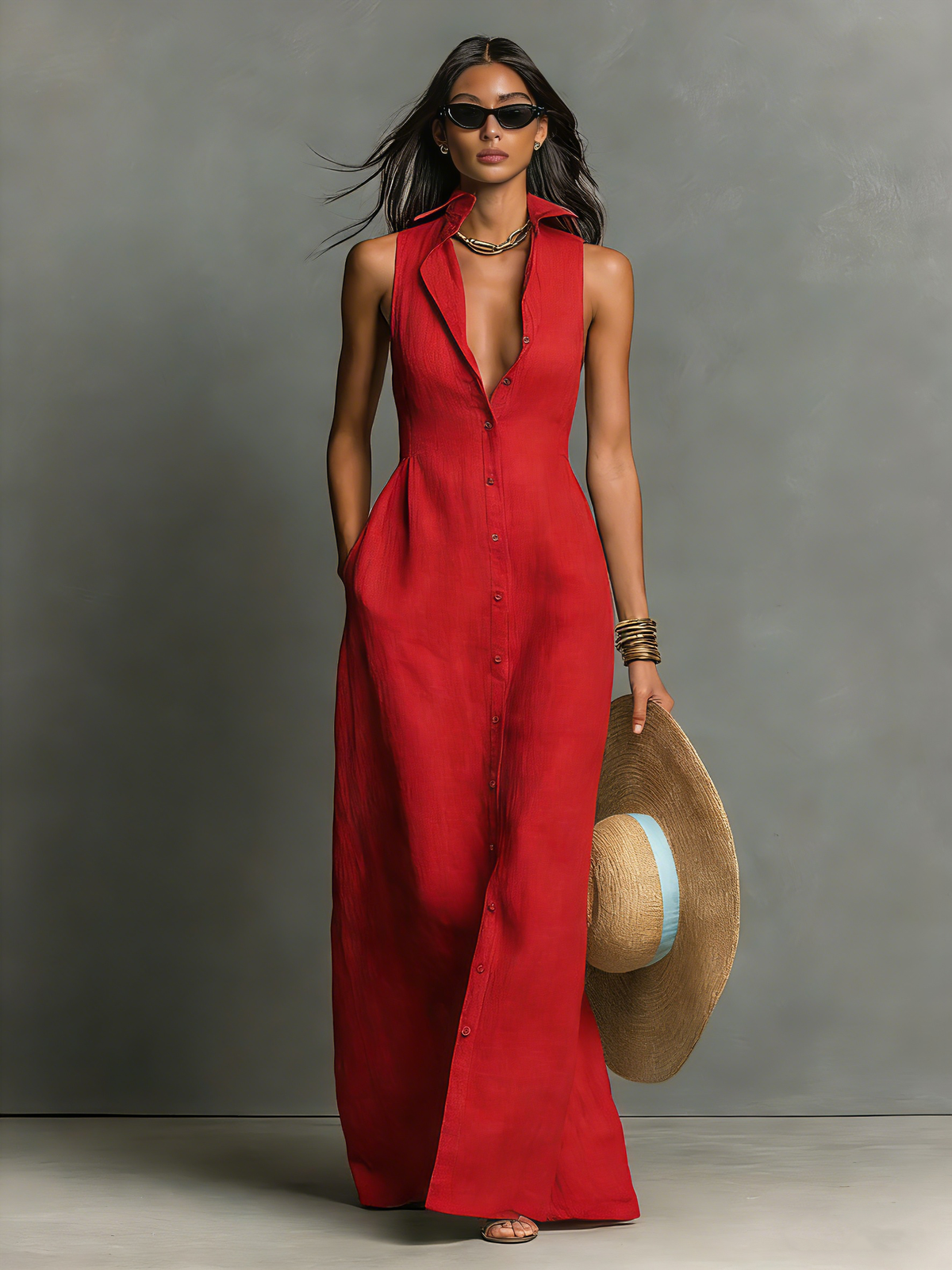 Nina | Linen Blend Sleeveless Collared Maxi Shirt Dress