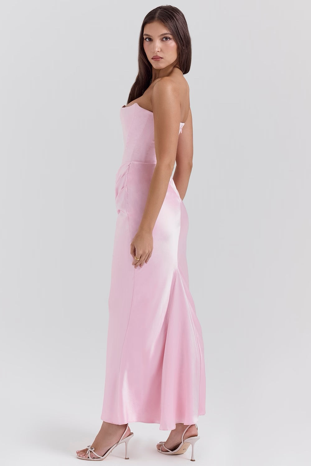 Strapless corset satin maxi party dress with draped hips and fishtail hem - view 22