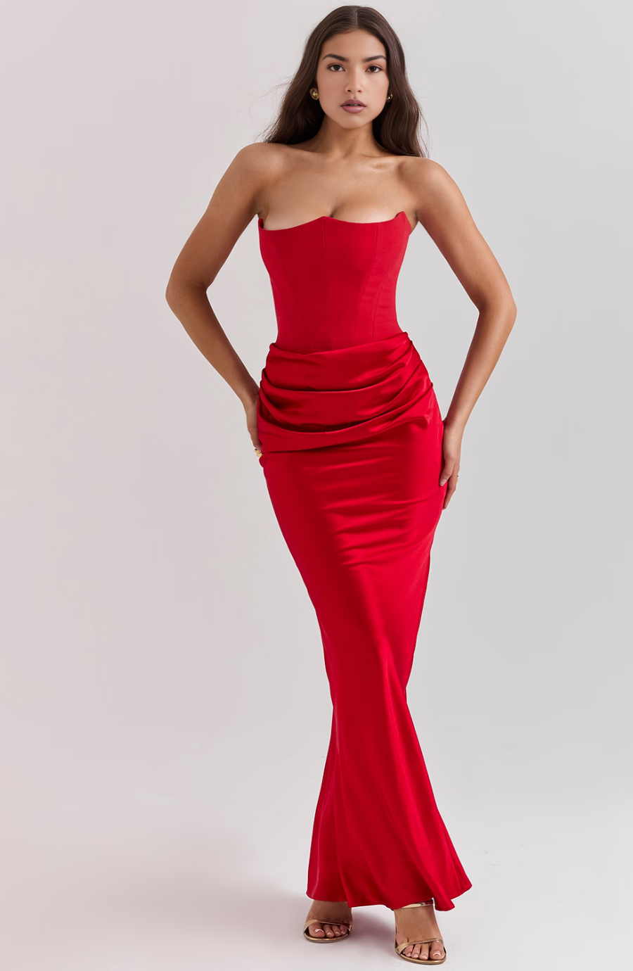 Strapless corset satin maxi party dress with draped hips and fishtail hem - view 7