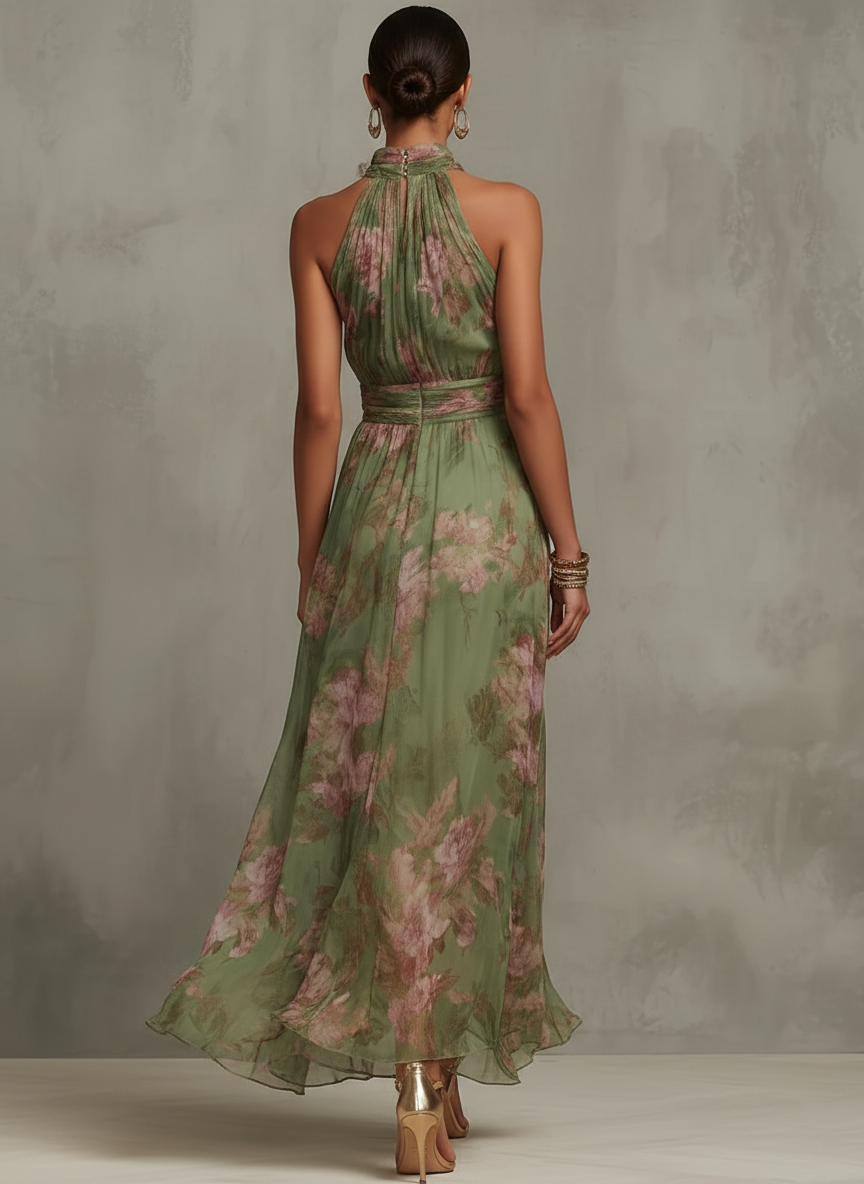 Sage green floral halter maxi dress with ruched waist and flowing full-length skirt - view 2