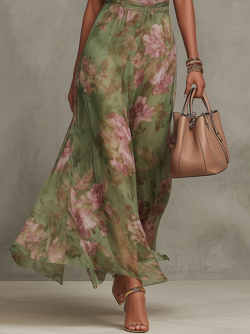 Sage green floral halter maxi dress with ruched waist and flowing full-length skirt - view 4
