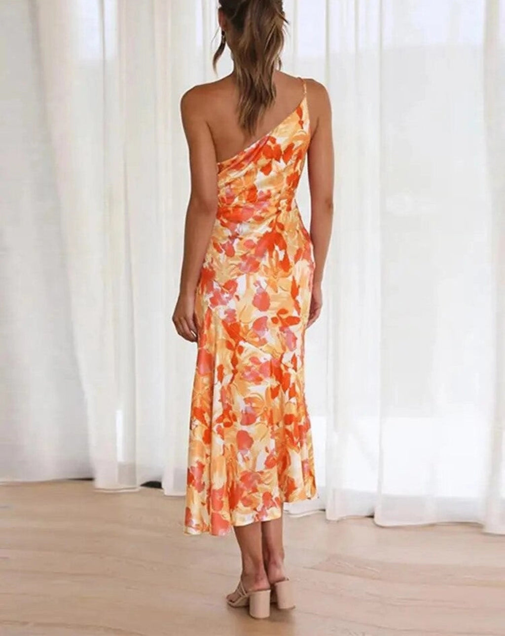 One shoulder floral satin evening dress with draped bodice and mermaid hem - view 7