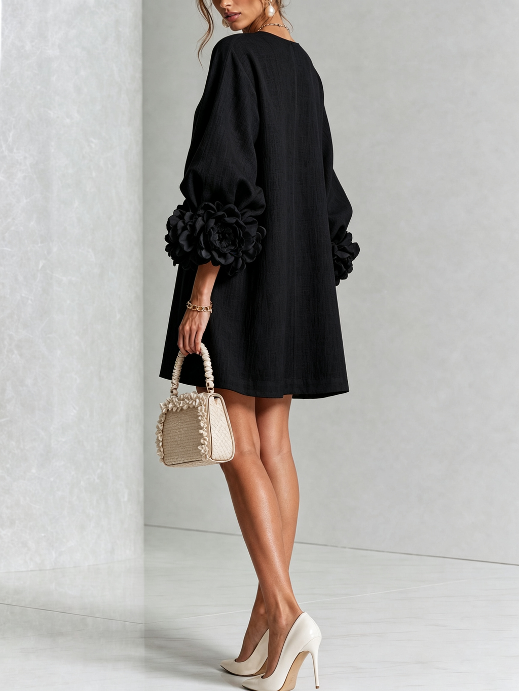 Long sleeve mini dress with sculptural rose cuffs, balloon sleeves and flower buttons - view 22