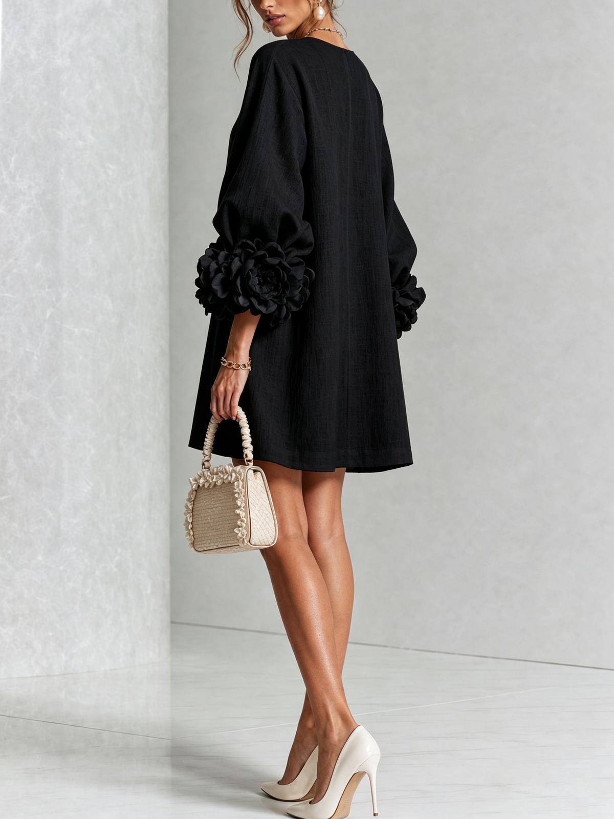Long sleeve mini dress with sculptural rose cuffs, balloon sleeves and flower buttons - view 22