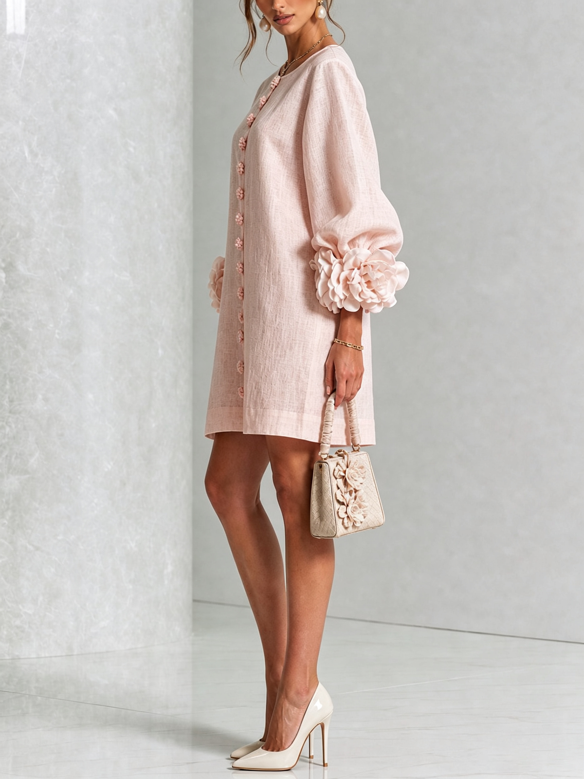 Long sleeve mini dress with sculptural rose cuffs, balloon sleeves and flower buttons - view 24