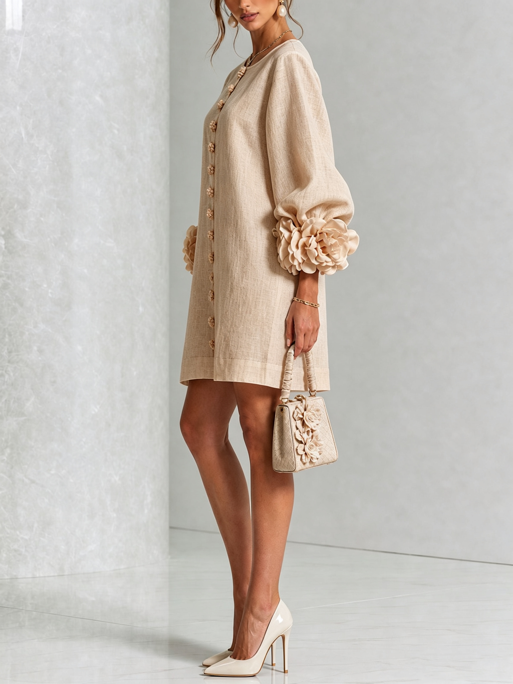Long sleeve mini dress with sculptural rose cuffs, balloon sleeves and flower buttons - view 27