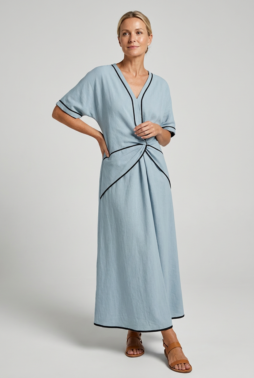 Light blue V neck maxi dress with twist front waist and black contrast piping - view 2