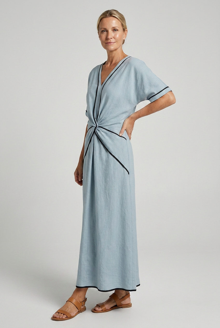 Light blue V neck maxi dress with twist front waist and black contrast piping - view 3