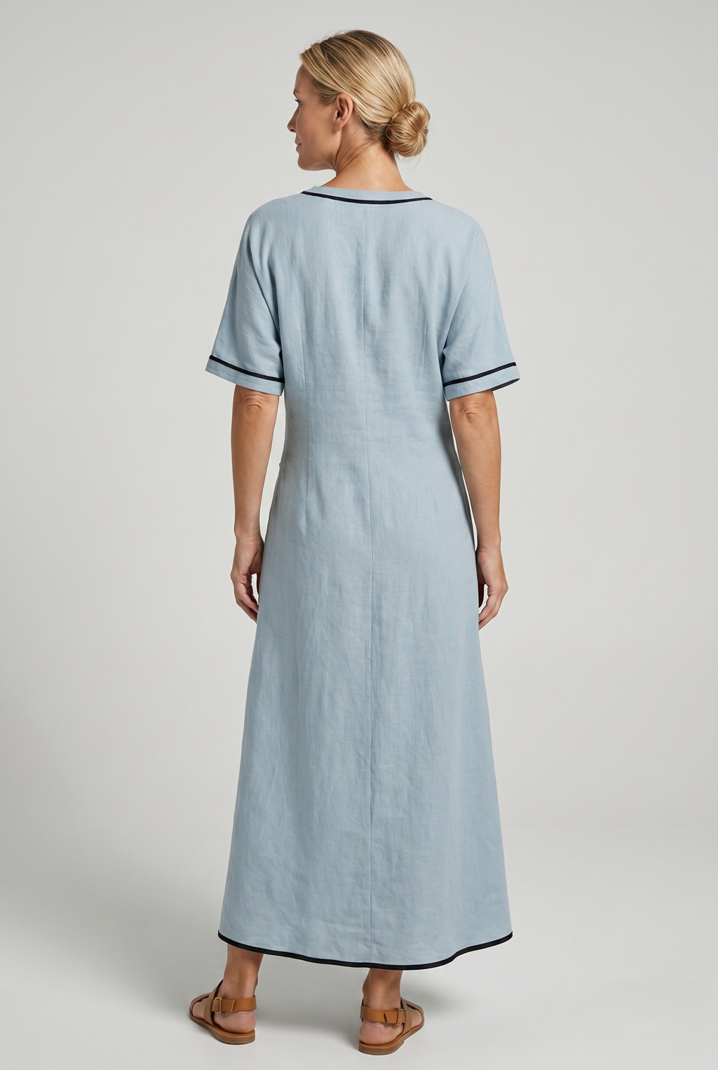 Light blue V neck maxi dress with twist front waist and black contrast piping - view 4