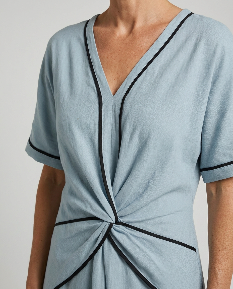 Light blue V neck maxi dress with twist front waist and black contrast piping - view 5