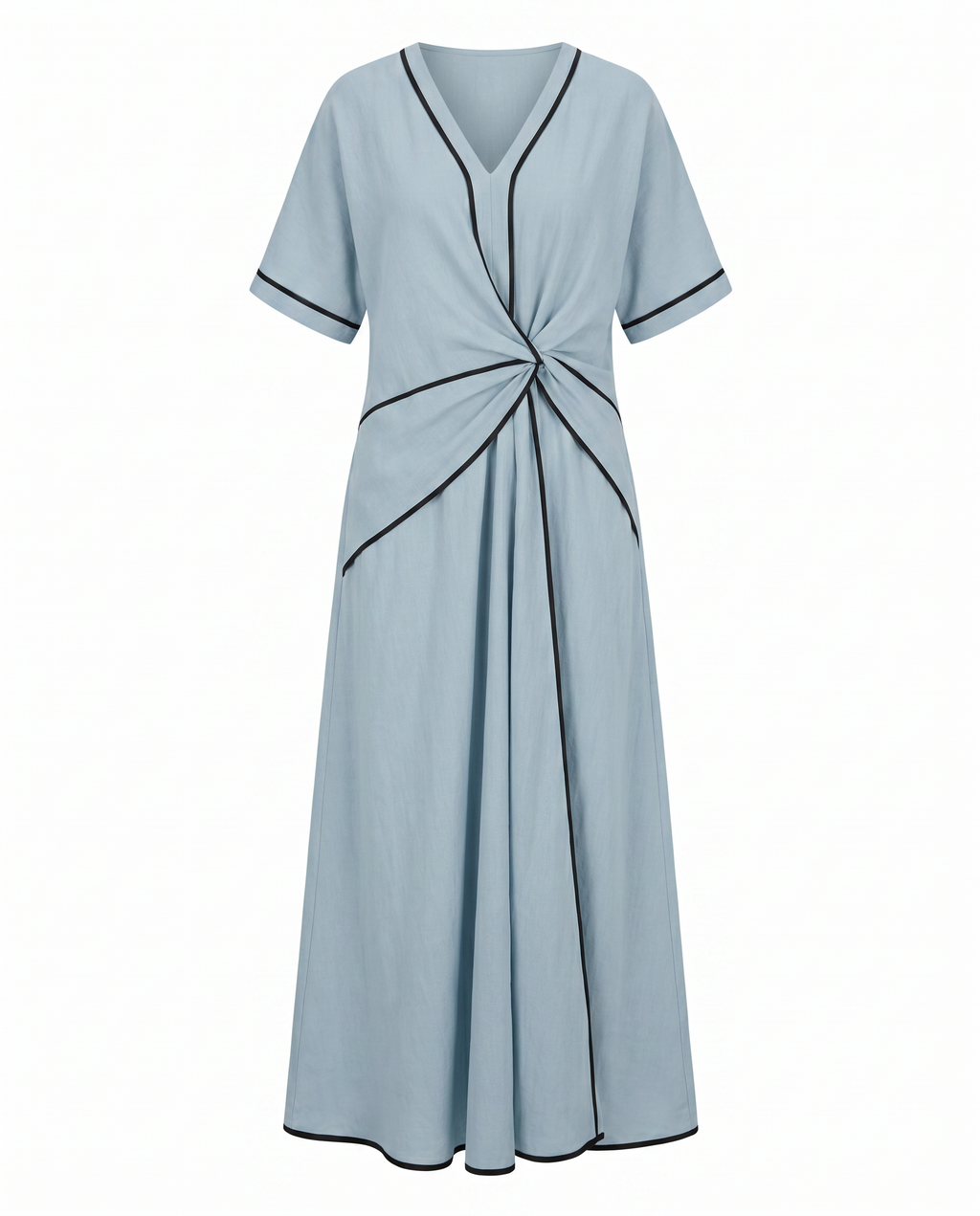 Light blue V neck maxi dress with twist front waist and black contrast piping - view 6