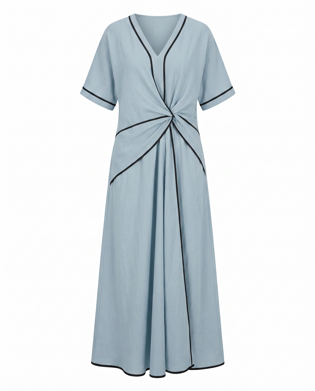 Light blue V neck maxi dress with twist front waist and black contrast piping - view 6