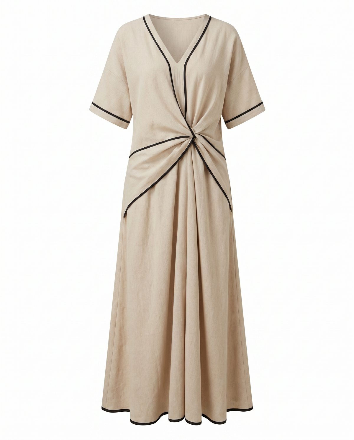 Light blue V neck maxi dress with twist front waist and black contrast piping - view 8