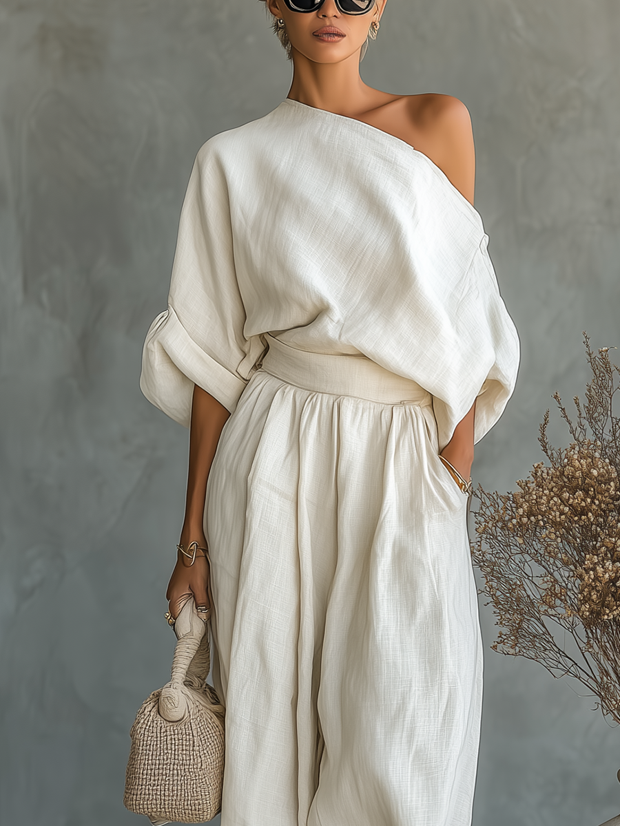 Eliza | Linen Off Shoulder Top and Tapered Pants Set