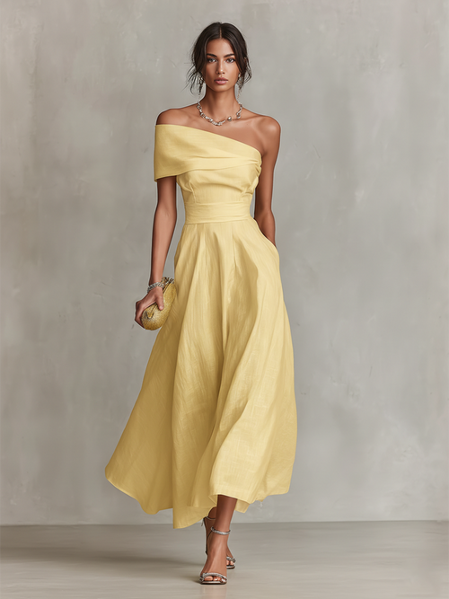 Camille one-shoulder draped midi dress with full skirt — back view