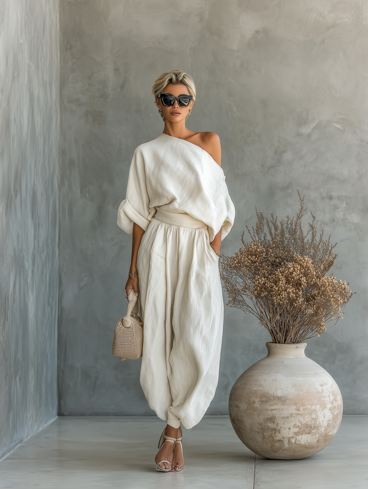Eliza | Linen Off Shoulder Top and Tapered Pants Set