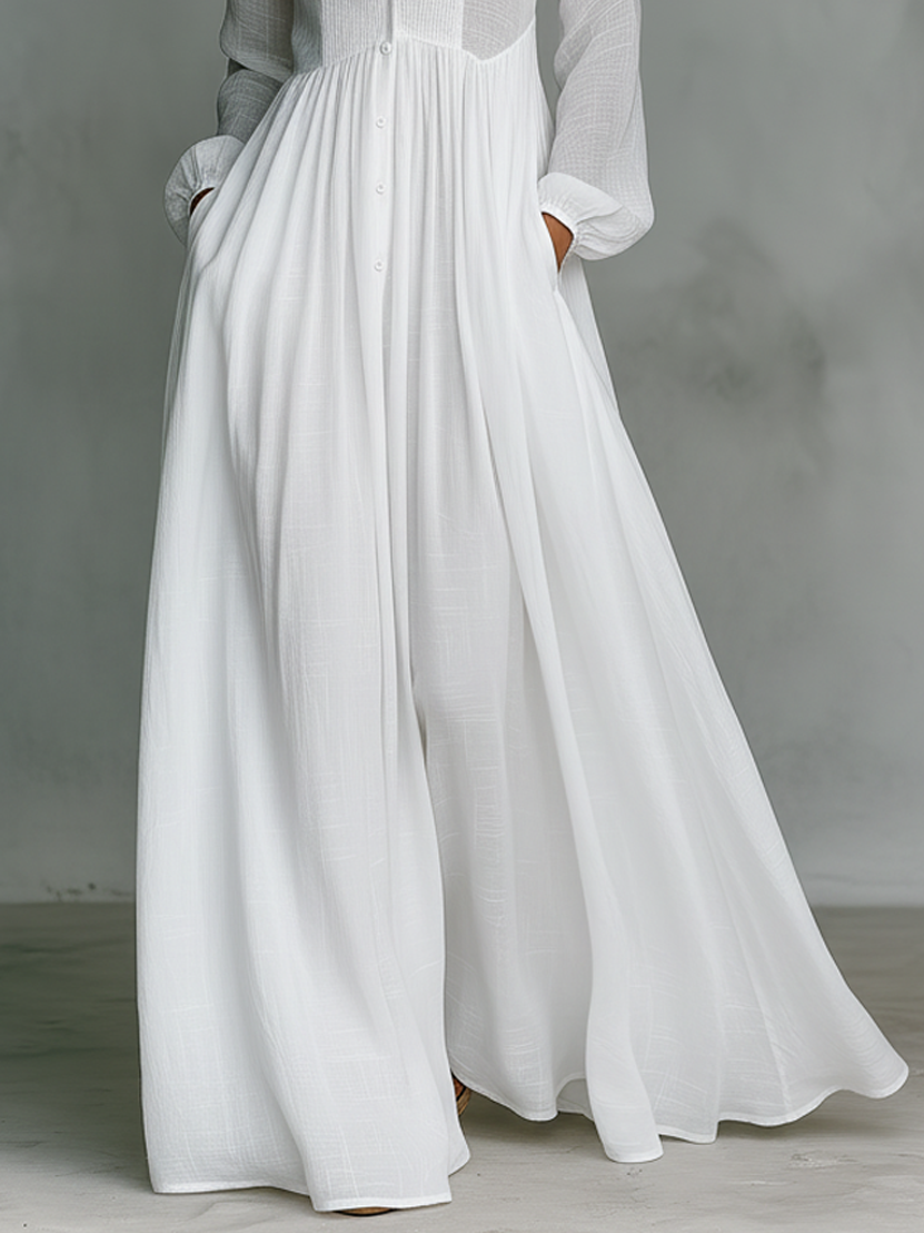 Elsie | Cotton Linen Patchwork Long Sleeve Maxi Shirt Dress