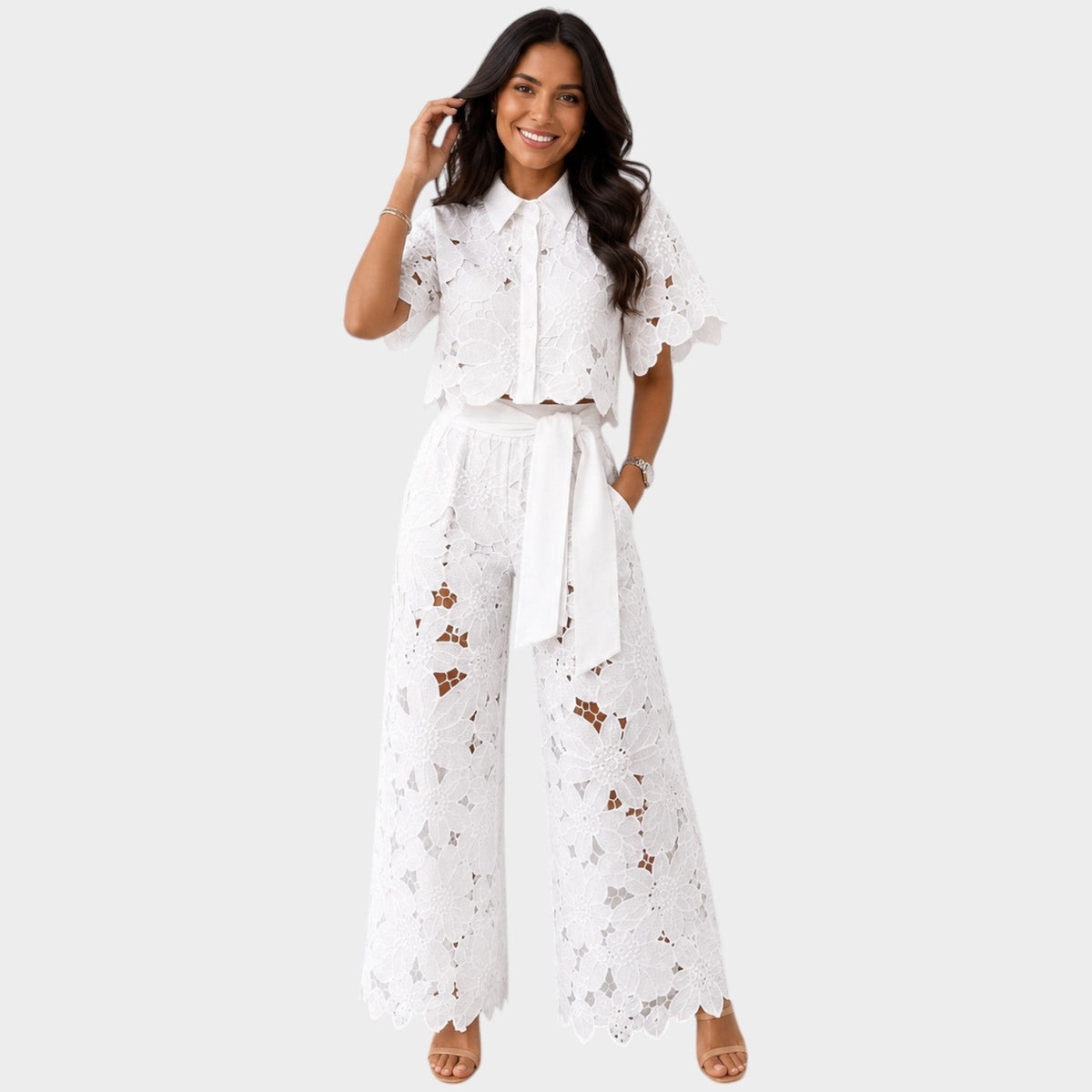 Woman wearing a floral lace two piece set with cropped collared shirt and tie-waist wide leg pants - view 2