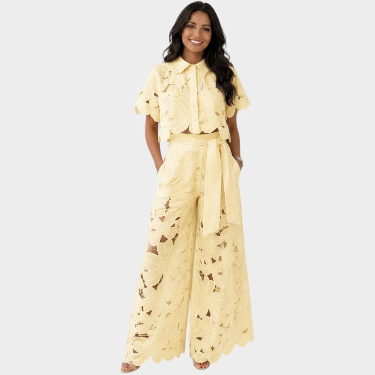 Woman wearing a floral lace two piece set with cropped collared shirt and tie-waist wide leg pants - view 3